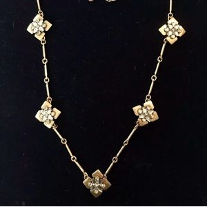 J.Crew Brushed Gold Tone Bar Link Rhinestone Flower Station Necklace 28”
